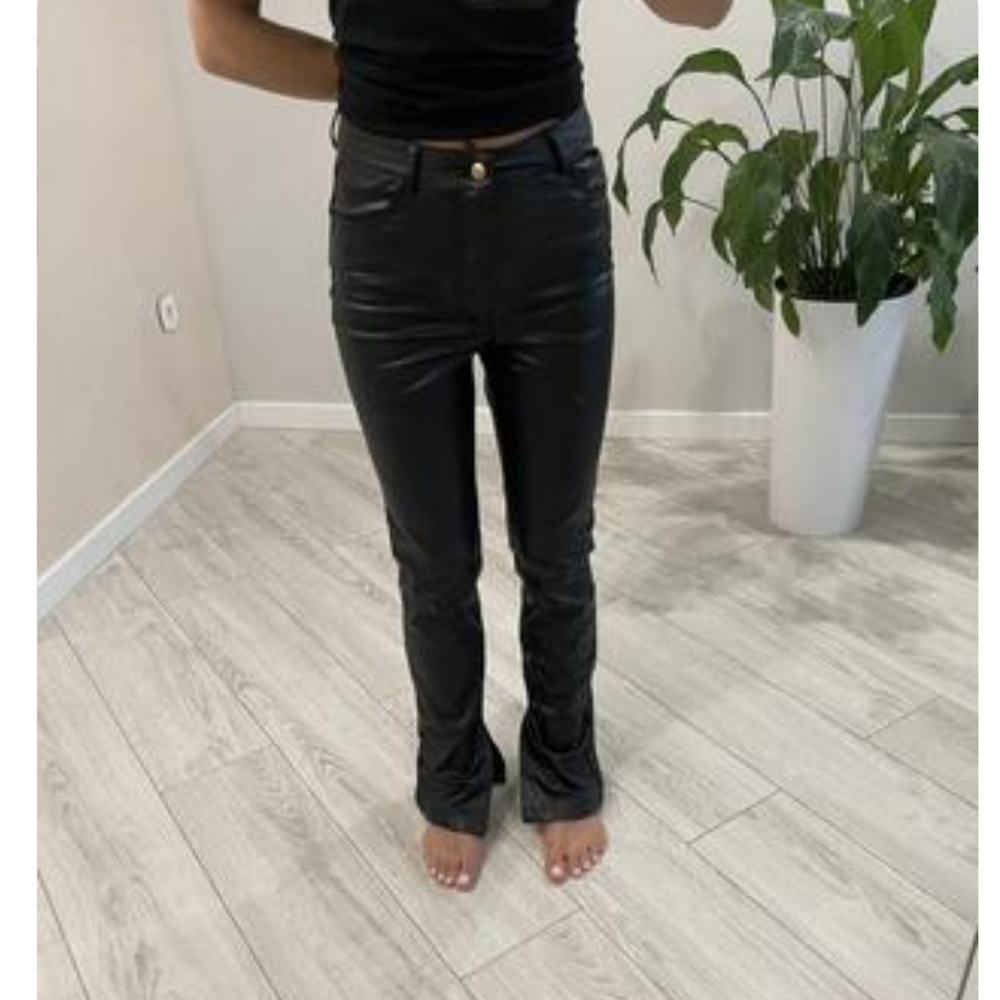 Zara Extra Long Faux Leather Straight Leggings Pants Ankle Slit - Picture 10 of 11